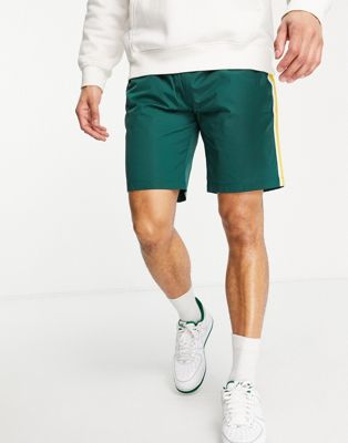 Mennace woven shorts in green with yellow side stripe and belt detail