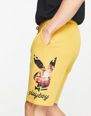 Mennace x Playboy co-ord jersey shorts in yellow with photographic print