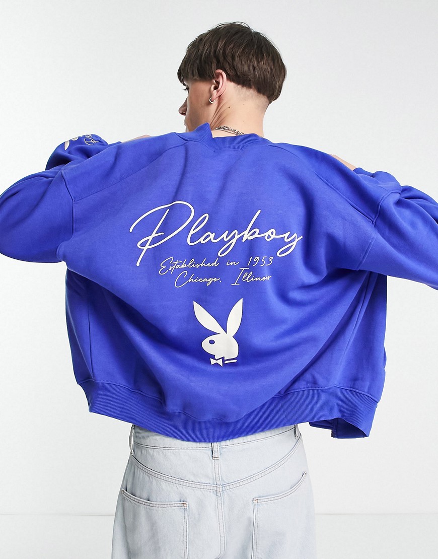 Mennace X Playboy Jersey Bomber Jacket In Blue With Logo Embroidery And Back Print