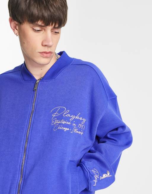 Mennace x Playboy jersey bomber jacket in blue with logo embroidery and  back print