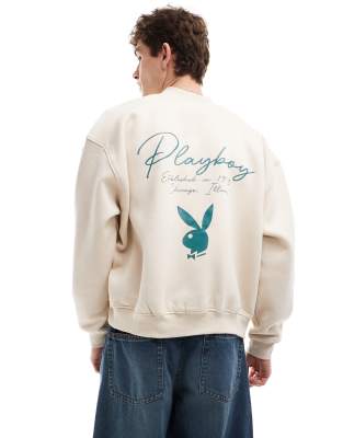 x Playboy jersey bomber jacket in off white with logo embroidery and back print