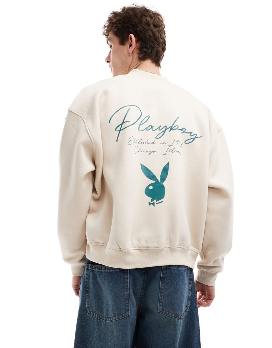 Mennace X Playboy Jersey Bomber Jacket In Off White With Logo Embroidery And Back Print