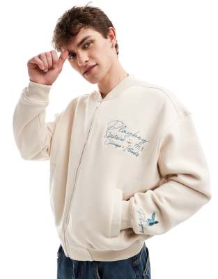 Mennace x Playboy jersey bomber jacket in off white with