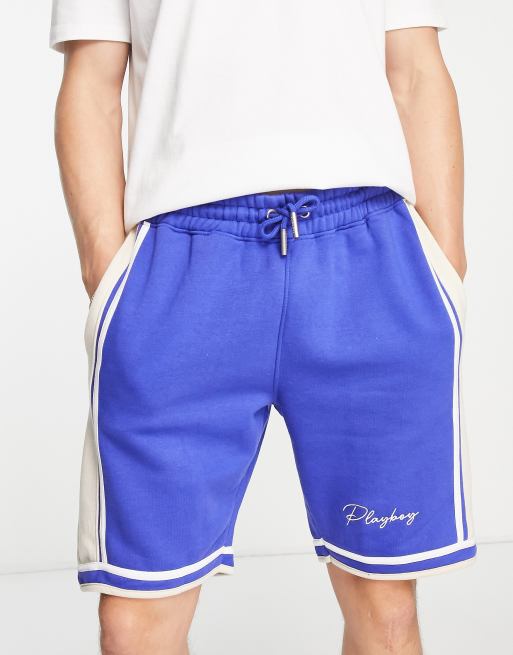 Mennace x Playboy - Jersey short in blauw met zijstreep in gebroken wit, 3 van 4