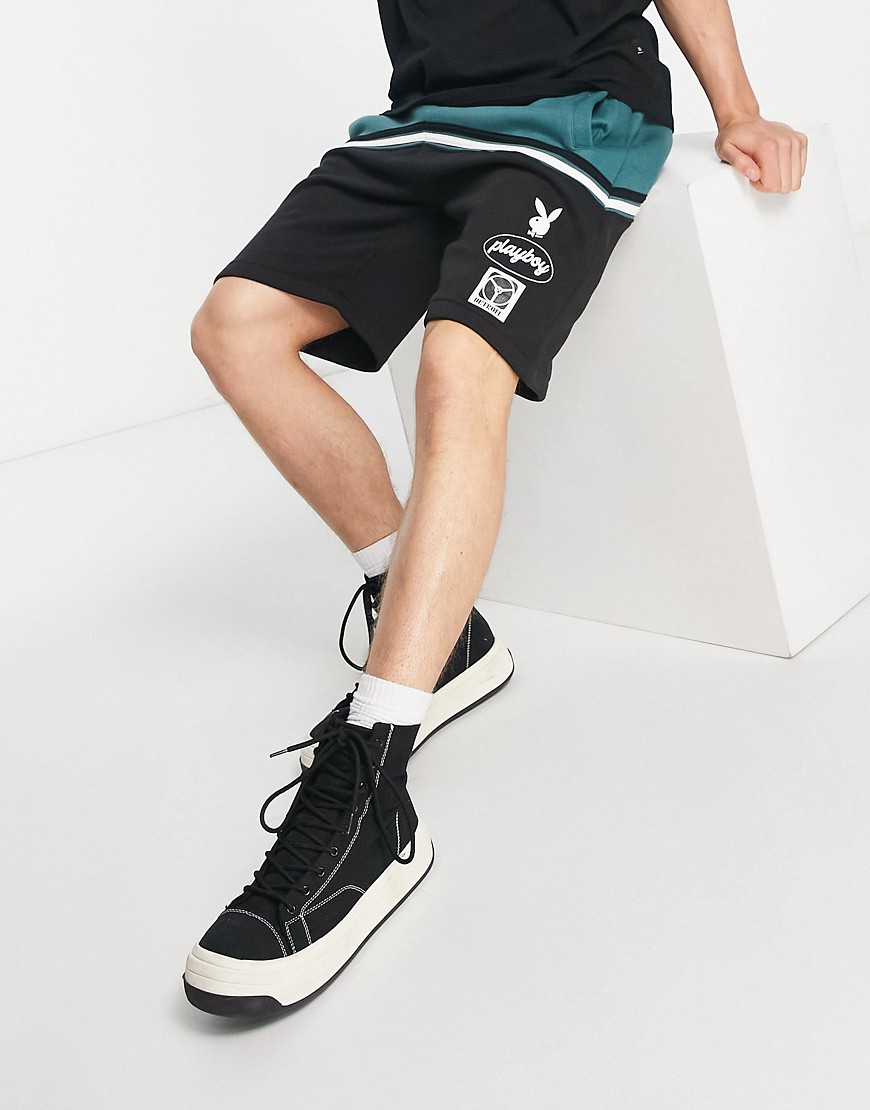 Mennace x Playboy jersey shorts in black and green color blocking - part of a set