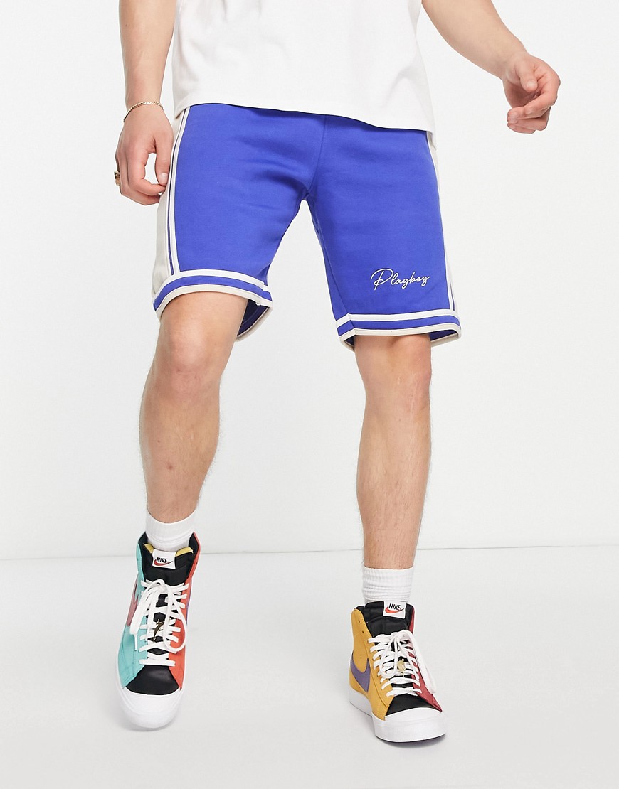 Mennace x Playboy jersey shorts in blue with off white side stripe