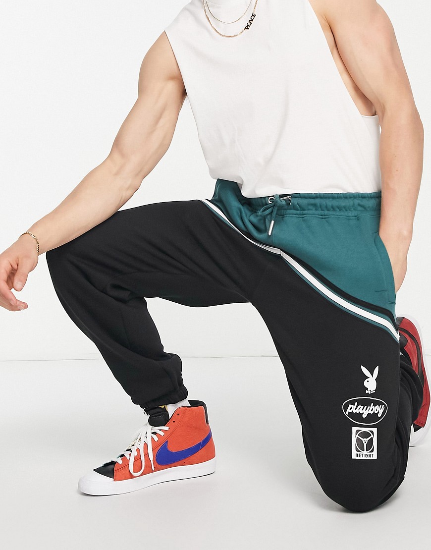 Mennace X Playboy Relaxed Sweatpants In Black And Green Color Blocking - Part Of A Set