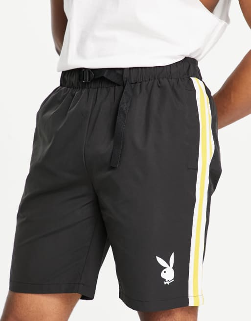 Mennace x Playboy - Short tissé avec bande latérale jaune - Noir, 3 de 4