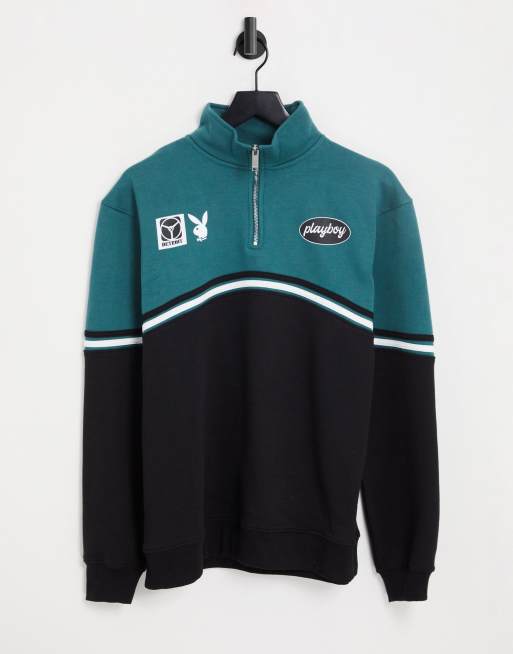 Mennace x Playboy – Svart och grön blockfärgad sweatshirt med dragkedja i halsen, del av set