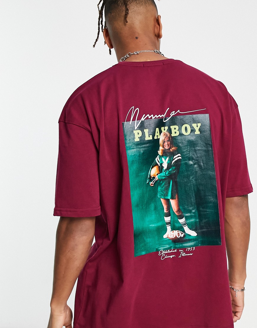 Mennace x Playboy t-shirt in burgundy with photographic back print-Red
