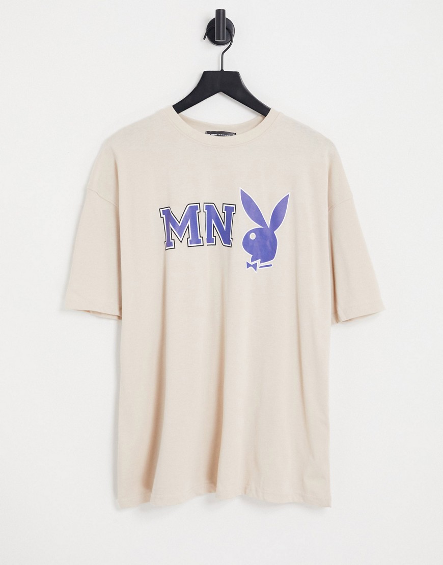 Mennace x Playboy t-shirt with chest and back logo in cream-White