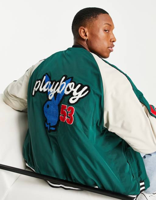 Mennace varsity bomber jacket in forest green with multiple badges and  monogram sleeves