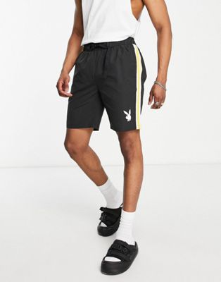 Mennace x Playboy woven shorts in black with yellow side stripe