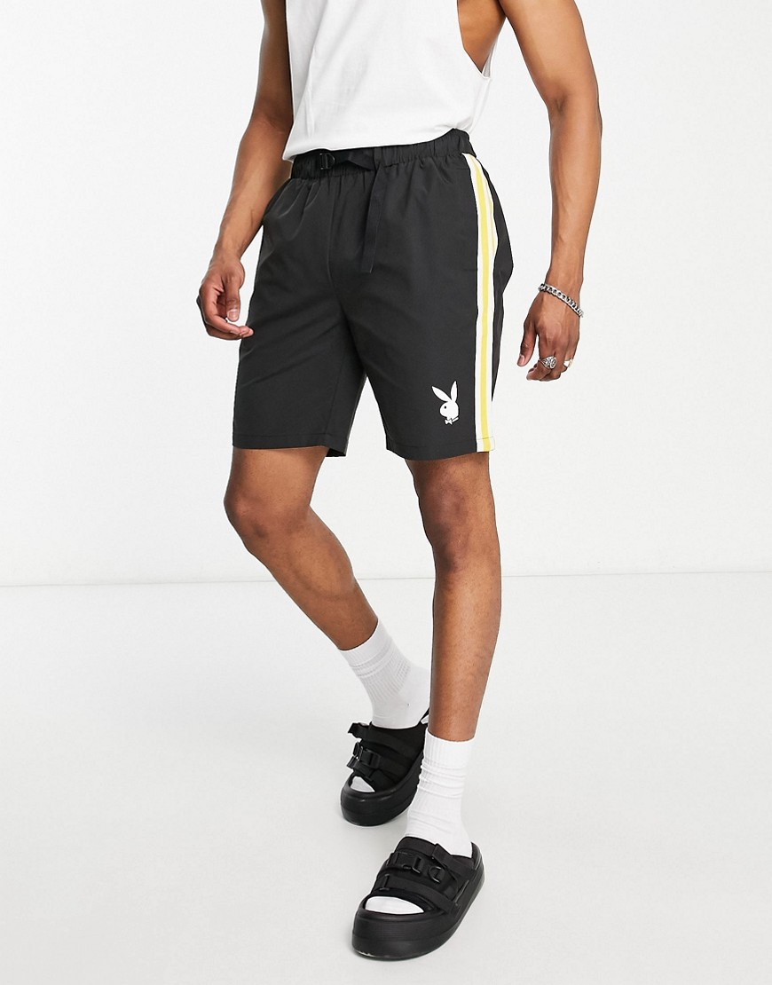 Mennace X Playboy Woven Shorts In Black With Yellow Side Stripe