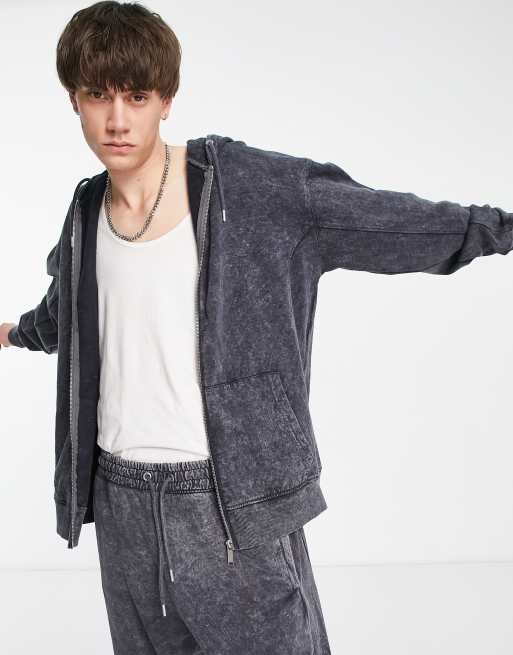 Mennace zip up hoodie in dark gray with ribbed panelling - part of a set