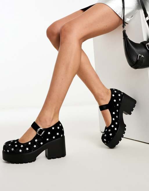 Merceditas negras de terciopelo con diseño de cielo estrellado Tira de KOI
