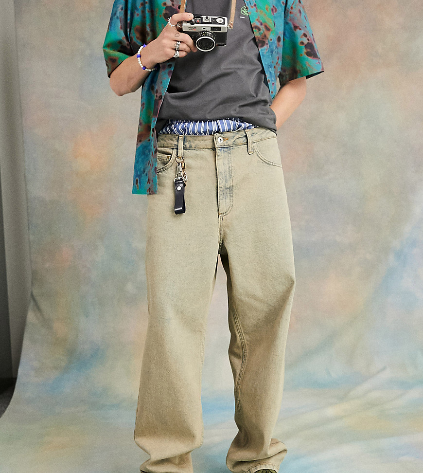 фото Мешковатые коричневые джинсы в винтажном стиле 90-х с эффектом кислотной стирки collusion x014-голубой