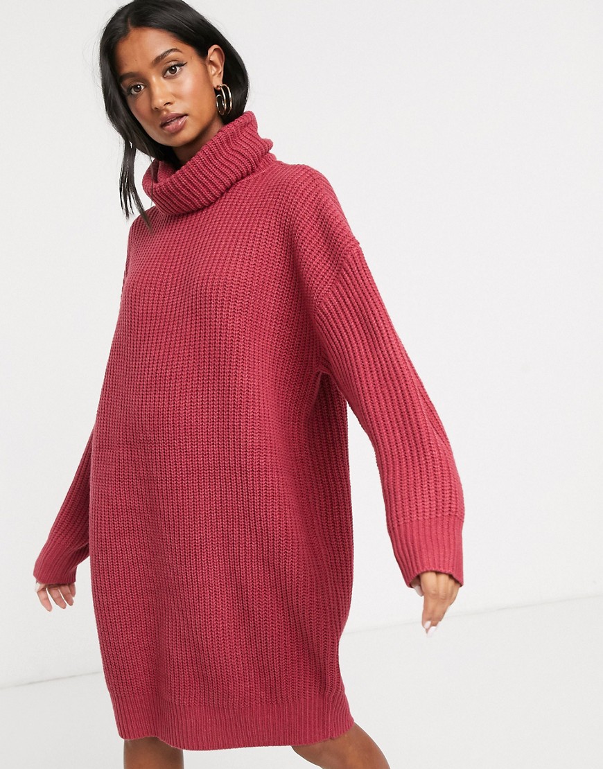 Micha Lounge heavy rib rollneck knitted dress with balloon sleeve-Pink