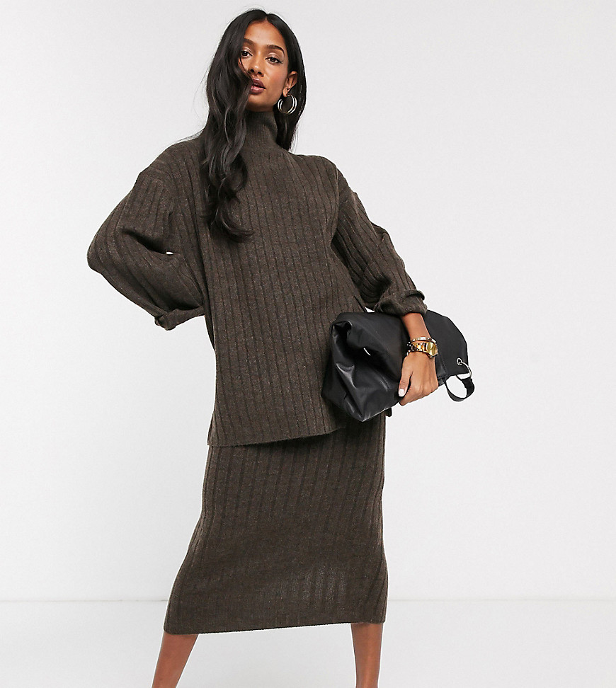 Micha Lounge high neck sweater with side splits in rib knit two-piece-Brown