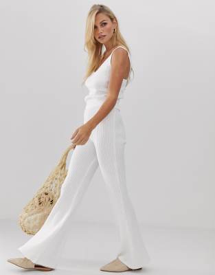 white ribbed flare pants