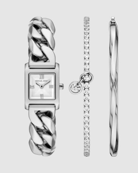 Michael Kors Georgie two-hand stainless steel watch and bracelet set in silver - view 1