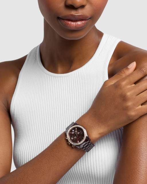 Michael Kors Lexington chronograph brown ceramic watch in brown, 3 of 4