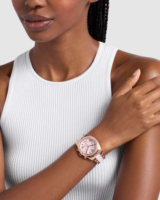 Michael Kors Lexington chronograph pink ceramic and rose gold-tone stainless steel watch in multi, 3 of 4