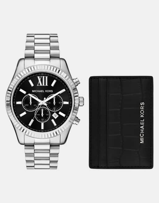 Michael Kors – Lexington – Herren-Chronograph aus Edelstahl in Silber mit Kreditkartenetui im Geschenkset, MK1091Set