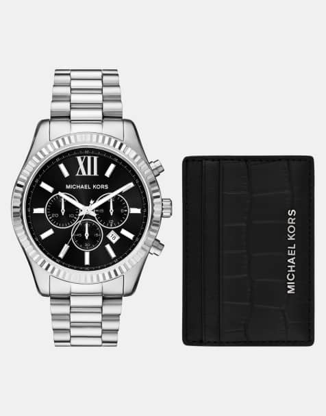 Michael Kors lexington stainless steel watch and card case gift set in silver - view 1
