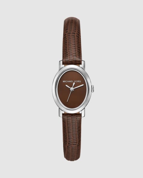 Michael Kors Maude montre argentée à trois aiguilles et bracelet en cuir marron - view 1