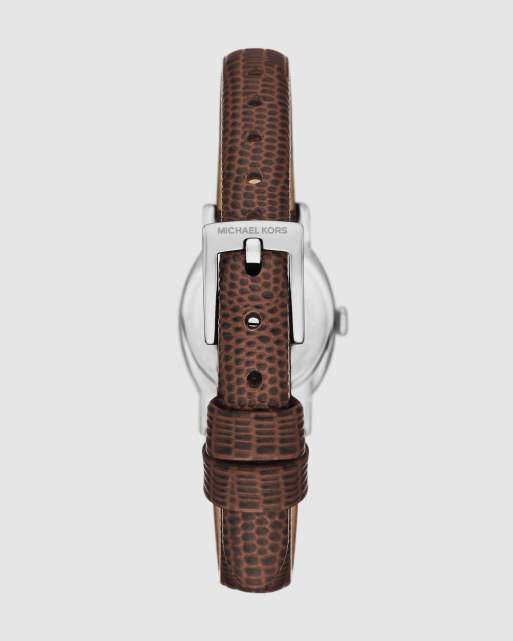 Michael Kors Maude montre argentée à trois aiguilles et bracelet en cuir marron, 3 de 3
