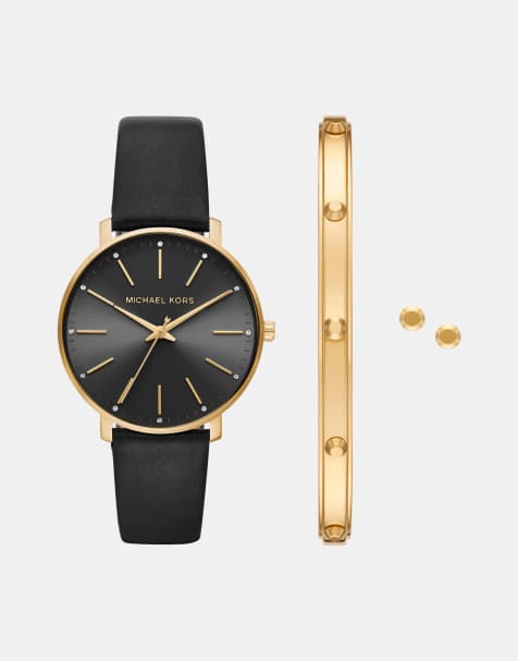 Michael Kors – Pyper – Damenuhr aus goldfarbenem Edelstahl mit drei Zeigern und schwarzem Armband im Geschenkset - view 1