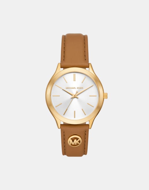 Michael Kors – Slim Runway – Damenuhr mit Lederarmband in Braun und drei Zeigern