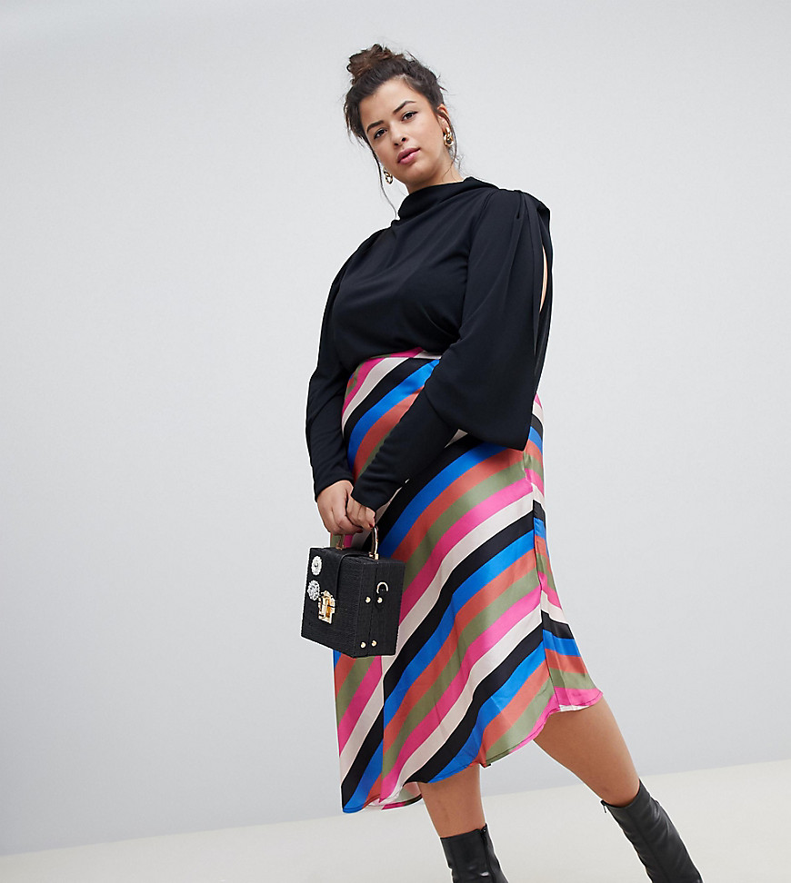 Midaxi nederdel med luksusstriber fra Neon Rose Plus-Multifarvet