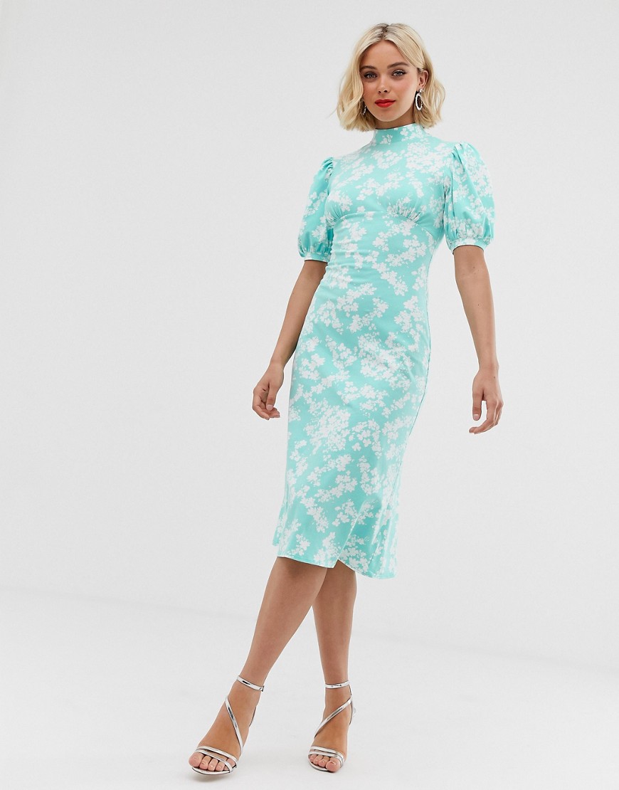 Midi knælang tea-kjole med pufærmer og ditsy print fra ASOS DESIGN-Multifarvet