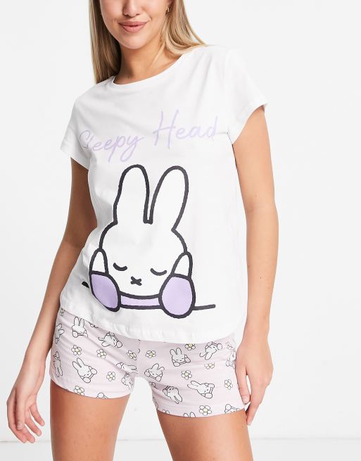 Miffy sleepy head t shirt and shorts pajama set in white and lilac