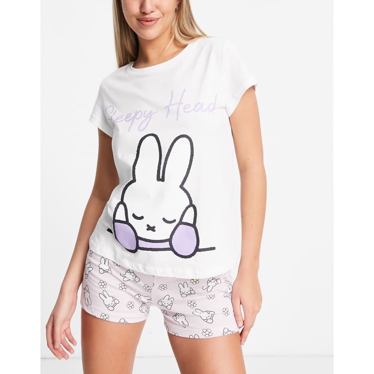 Miffy sleepy head t shirt and shorts pyjama set in white and lilac