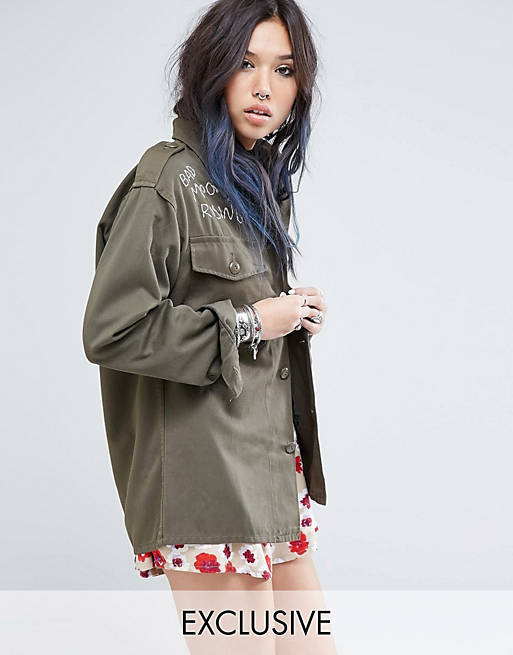 Milk It Vintage Oversized Military Shirt Jacket With Bad Moon Rising Embroidery