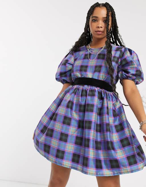Milk It vintage oversized smock dress with velvet ribbon tie in tartan