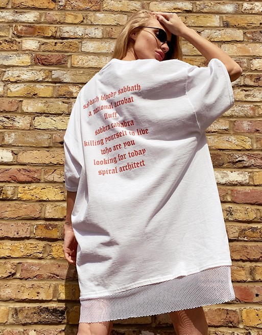 Milk It Vintage oversized t-shirt dress with Black Sabbath graphic and fishnet trim