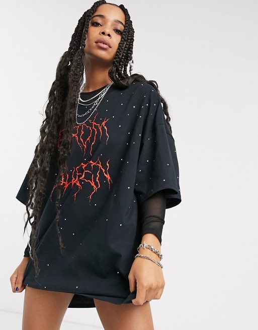 Milk It vintage oversized t-shirt dress with diamante scatter and prom queen slogan