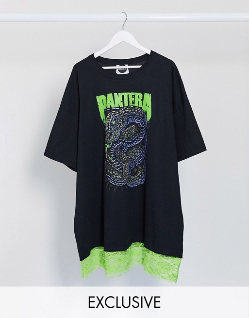 Milk It Vintage oversized t-shirt dress with Pantera graphic and neon lace trim