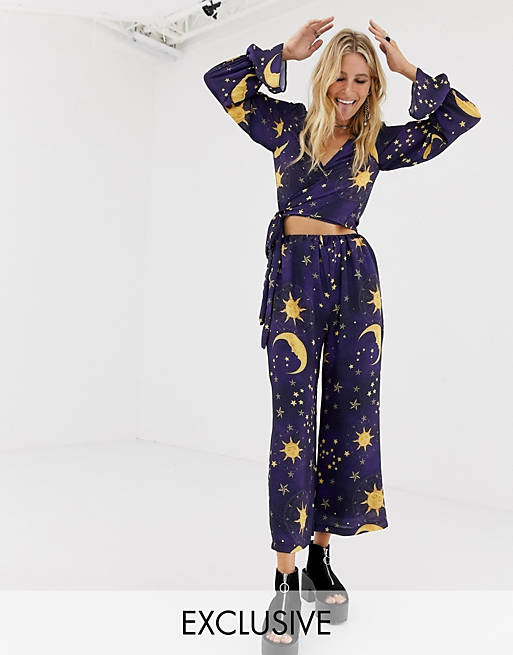 Milk It Vintage relaxed crop flares in space print two-piece
