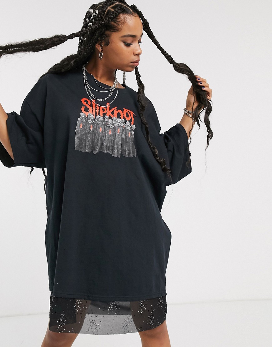 Milk It – Vintageinspirerad t-shirtklänning i oversize-modell med Slipknot-tryck och strassutsmyckad meshfåll-Svart