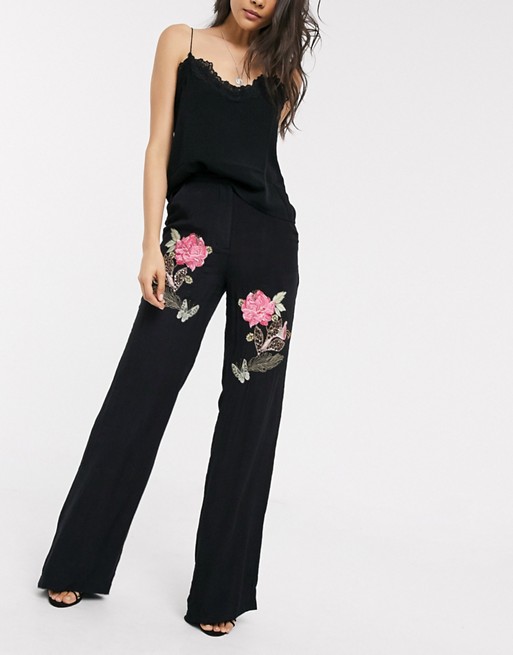 Mille Mackintosh rose embroidered wide leg trousers