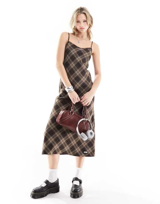 Minga London 90s strappy plaid midaxi slip dress Mini in brown