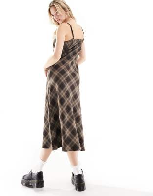 Minga London 90s strappy plaid midaxi slip dress in brown | ASOS