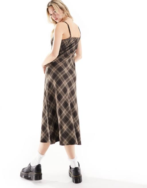 Minga London 90s strappy plaid midaxi slip dress in brown