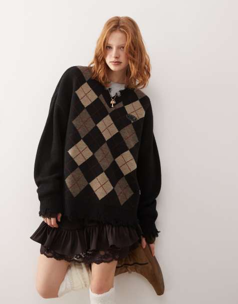 Minga London argyle v-neck sweater with distressed edges in black and beige - view 1