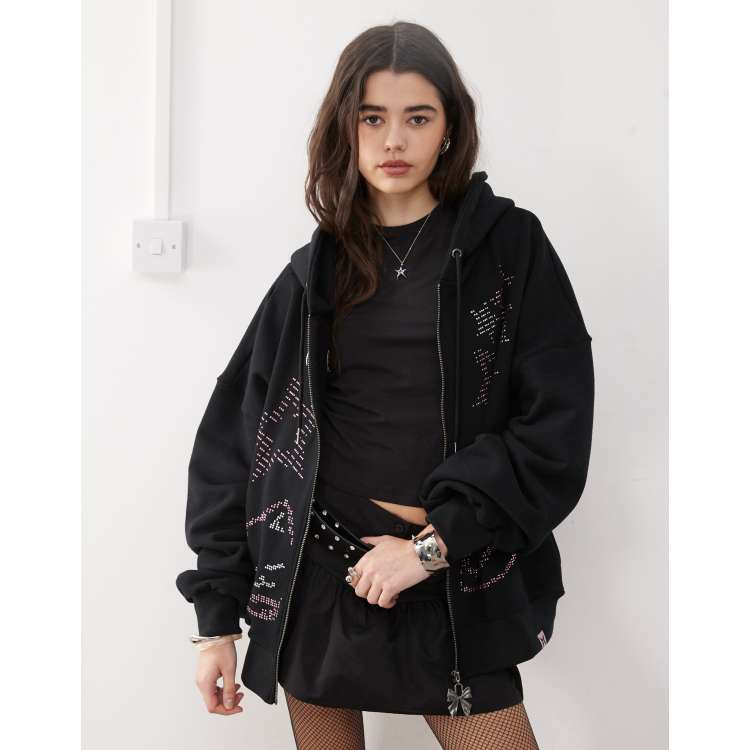 Minga London ASCII cat studded zip up hoodie in black | ASOS